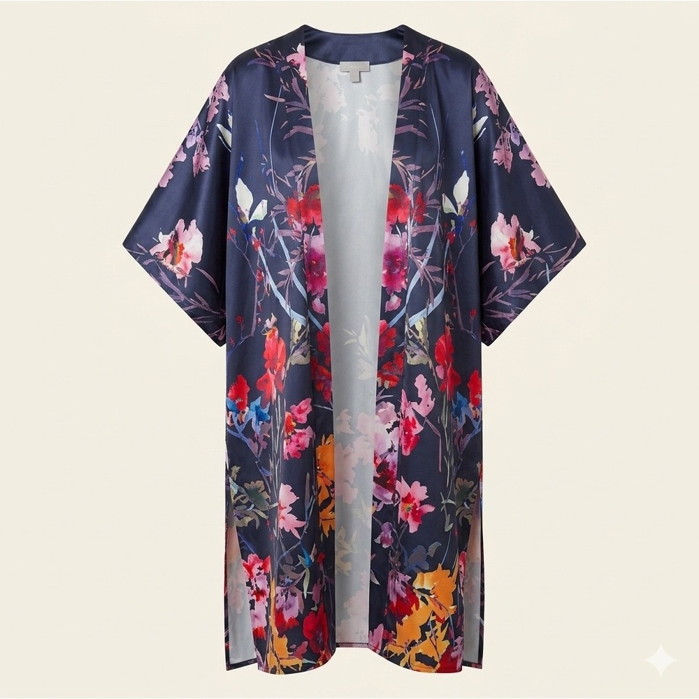 Nordstrom Satin Floral Open Front Kimono Duster Robe‎ Kaftan One Size L XL